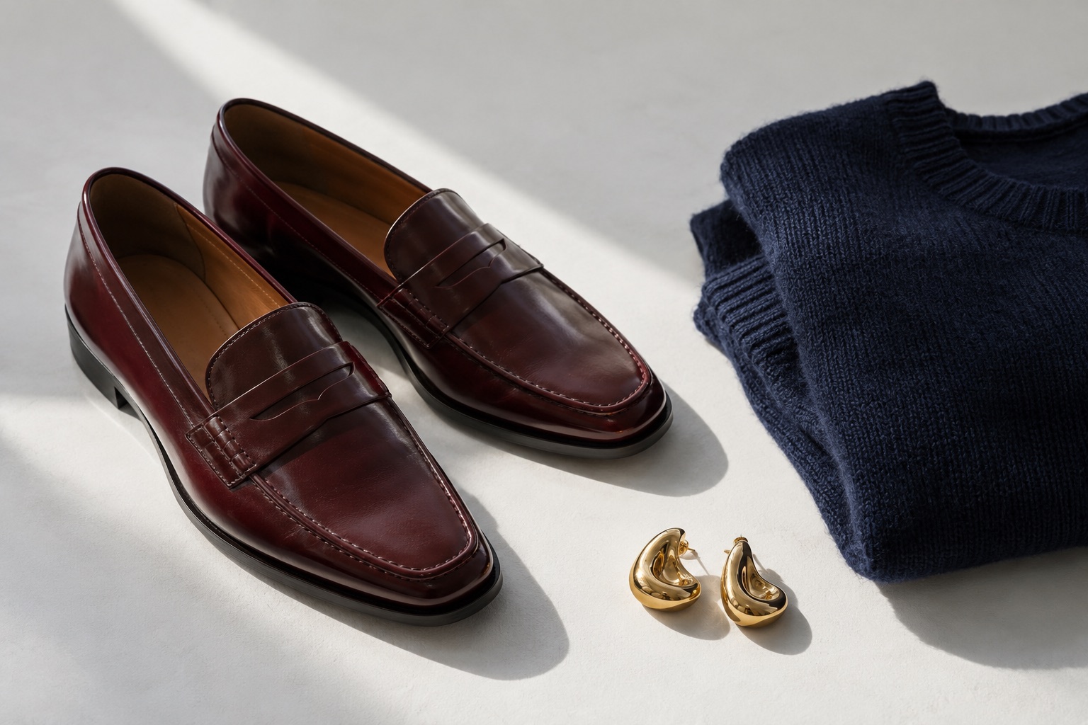 Illustrative still life of burgundy loafers, a navy knit, and gold earrings